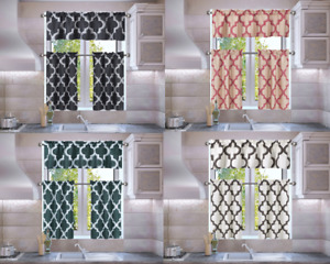 3PC SET FAUX SILK SMALL KITCHEN WINDOW CURTAIN GEOMETRIC PRINTED LINED BLACKOUT