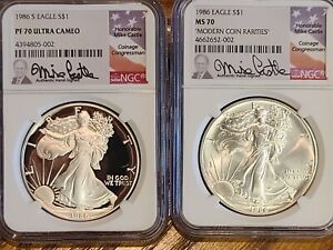 1986 NGC MS70 & 1986-S NGC PF70 Silver Eagle Mike Castle Label - Perfect Pair!
