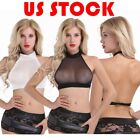 US Womens Sleeveless Backless Bra Vest Sheer Neck Cami Crop Top See Through Tops
