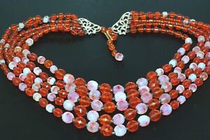 New ListingVtg West Germany Hyacinth Opalescent Orange Glass Bead 5 Strand Drape Necklace