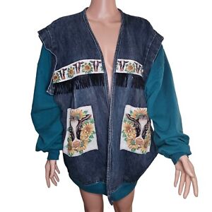 Cow Grandma Core Womens Oversized Open Front Cardigan Jean Patchwork Vtg