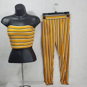 Women Strapless Tops Casual Bodycon Bottoms Pants Suit 2pc Small Stripes
