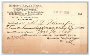 1900 Baltimore Bargain House Baltimore MD Sperryville VA Postal Card