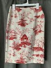 Vintage Talbots Silk Pencil Skirt Asian Oriental Ivory Red Pagoda Women 6