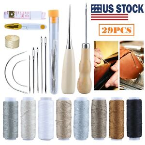 29 Leather Waxed Thread Stitching Needles Awl Hand Tool Kit For DIY Sewing Craft
