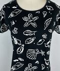 Vintage 90s Beach Novelty Print Dress S Black T-shirt Dress Shells Fish Ocean