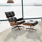 Tall Eames Style Lounge Chair and Ottoman Genuine Leather Walnut Black Armchair