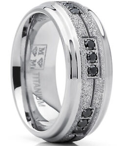 Men's Titanium Black Trinity Cubic Zirconia Ring Wedding Band With Shimmer