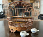 10” Japanese Vintage Bird Cage Handmade. Two Vintage Porcelain Bird Feeders.