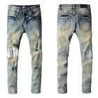 Men's Slim Fit Distressed Jeans with Embroidered Letters, Ripped Holes & Washed