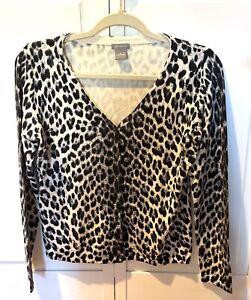 ANN TAYLOR Cashmere Blend Sweater Size W Med V Neck Leopard  Cardigan Animal