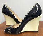 louboutin Navy Shoes Patent Leather Cream Wedge Scalloped Edges Size 39