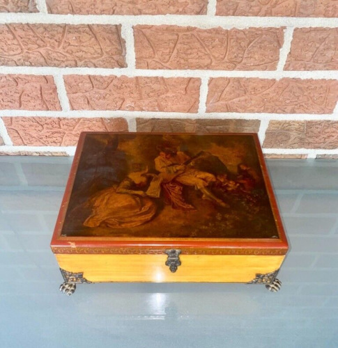 Vintage Antique Wooden Storage Keepsake Box with Hinged Lid and Lock Jewelry