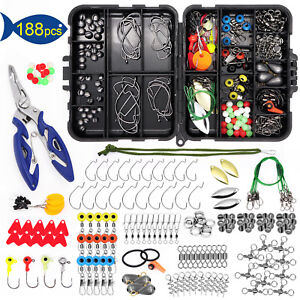 【188/203PCS】Fishing Accessories Kit set with Tackle Box Pliers Jig Hooks Swivels