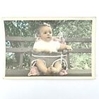 Hand Tinted Vintage Photo Baby Girl In Antique High Chair On Bench Trees C1930