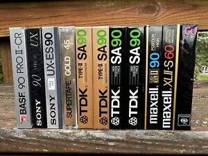 Lot of 11 SEALED NOS Cassette Tapes Maxell UDXLII, TDK SA90, BASF, SONY UX CrO2