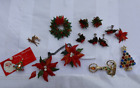 LOT Vintage Christmas Jewelry Brooches Rhinestone Wreath Poinsettia Earrings NR
