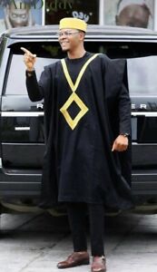 Black and Gold Agbada Babariga 3 Pieces Men Groom Suit African Clothing for Men