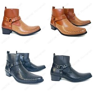 Brand New Men's Cowboy Boots Western Snakeskin Print Ankle Harness Strap Zipper