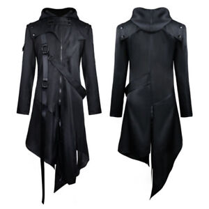 Mens Steampunk Trench Coat Gothic Punk Long Cosplay Hoodie Black Jacket Outwear