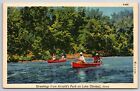 Lake Okoboji Iowa~Arnolds Park Greetings~Canoe Fishing~1940s Linen Postcard