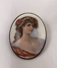 ANTIQUE VICTORIAN Brass Hand Painted BEAUTIFUL WOMAN Oval Portrait Brooch