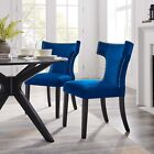 Curve Upholstered Fabric Dining Chairs With Nailhead Trim in Navy - Set of 2