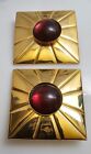 Vintage Plum Color Cabochon On Square Gold Tone Clip On Earrings