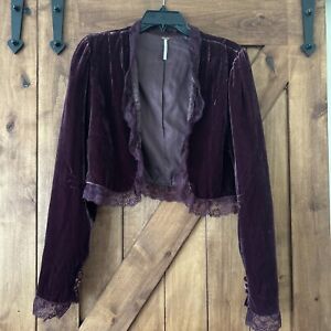 Free People Victorian Velvet Lace Bolero Jacket Sz 12 Cardigan Purplish