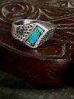 Vintage Navajo Sterling Silver Turquoise Inlay Band Ring Size 7.5, 5.8g Signed