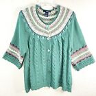DEMIN 24/7 Cable Knit Cardigan Sweater Womens M Embroidered Yoke Vintage Vibe