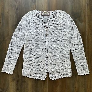 Vintage Crochet Cardigan White SMALL Long Sleeve Lace V-Neck Y2K Cottage Granny