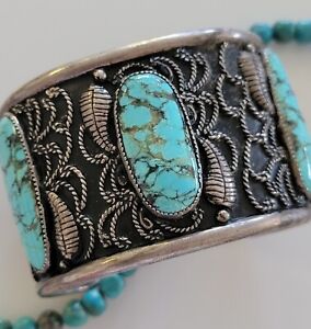 RUSTIC Old Pawn Handmade VTG STERLING NAVAJO Wide BIG Turquoise Bracelet