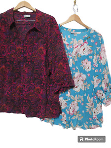Lot of 2 Sz 3X Catherines Button Up Blouse Top Roll Tab 3/4 Sleeve Blue Paisley
