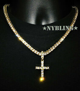 14k Gold Plated Tennis Chain Cross Pendant CZ Choker Necklace ICED Jewelry 5MM