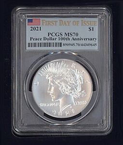 2021 PEACE HIGH RELIEF SILVER DOLLAR PCGS MS70 FLAG LABEL FIRST DAY OF ISSUE
