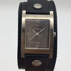 Vestal Tank Watch Unisex 24mm Silver Tone Black Leather Cuff Band New Battery a1