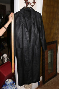 Genuine Leather Long Black Trench Coat Women Size 8-10 Possibly a slender 12