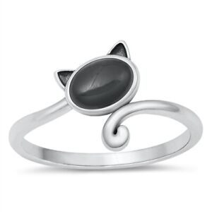 925 Sterling Silver Black Agate Kitty Cat Ring Size 4 5 6 7 8 9 10 NEW