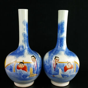 New ListingA Pair Chinese Blue&white Porcelain HandPainted Exquisite Figure Vases 15557