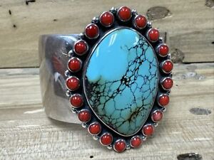 Old Indian Pawn Sterling Silver Signed PB Wide Cuff Turquoise & Coral Bracelet
