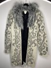 Chico's Icy Size 2(Large) Elsa Ivory Gray Jacquard Wool Faux Fur Collar Cardigan