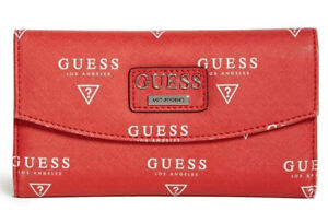 NEW GUESS Women's Abree Saffiano Red White Logo Trifold Slim Wallet
