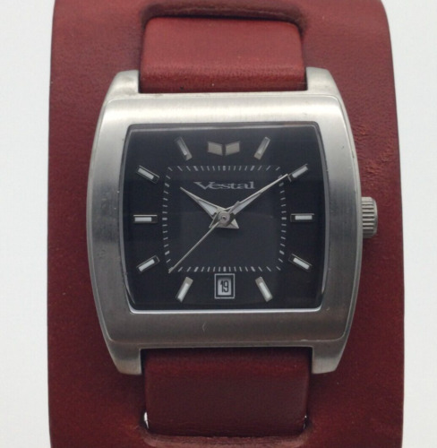 Vestal Vota Watch Women 29mm Silver Tone Red Leather Cuff Band Date New Battery
