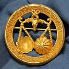 Signed Crown TRIFARI Libra Zodiac Pin, Gold Tone Mid Century Brooch / Pin