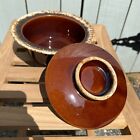 New ListingHull Pottery Round Baking Dish W Lid Casserole Brown Drip Glaze Oven Vintage USA
