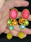 Earrings Pierced Colored Frosted Cabochons SIGNED Vintage M-6297