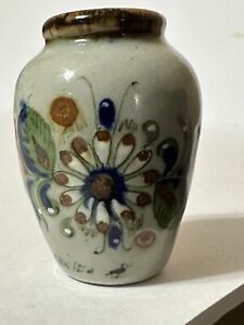 Tonala Mexican Pottery Flower Vase Signed Butterfly