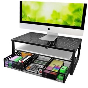 -Metal Monitor Stand Riser and Computer Desk Organizer with Drawer for Laptop,