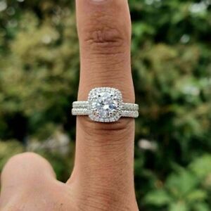 Round DEF Moissanite Halo Engagement Wedding Band Ring Set 14K White Gold Plated
